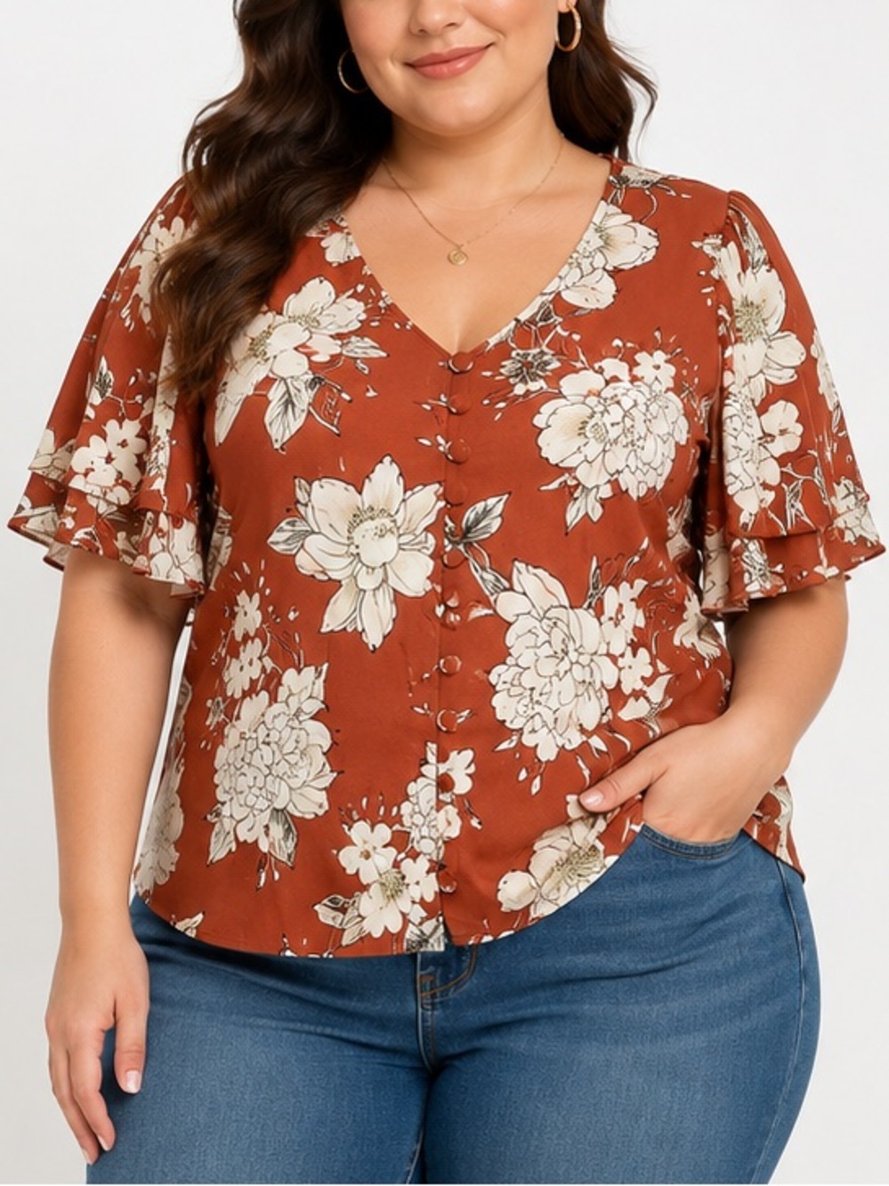 Unique Vintage 5X Floral Flutter Sleeve Blouse NWT Keyhole Back Boho Plus